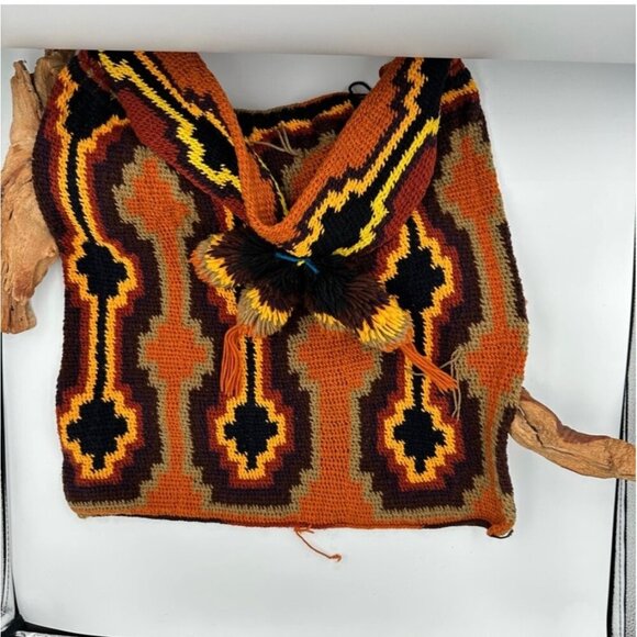 Vintage 70s 80s Handwoven Tapestry Shoulder Bag With Bohemian Geometric Pattern - Picture 6 of 14